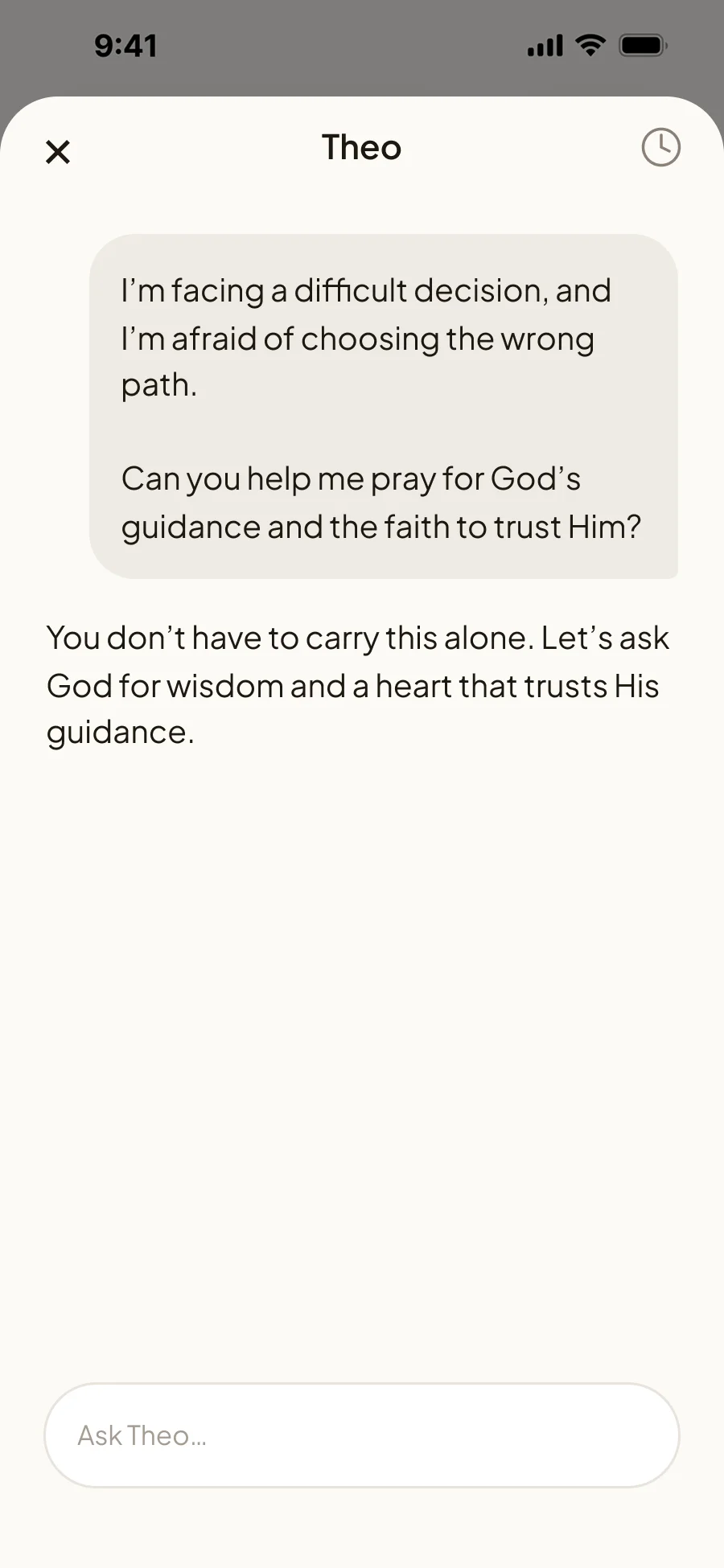 A personal message asking Theo for prayer and guidance through a difficult decision