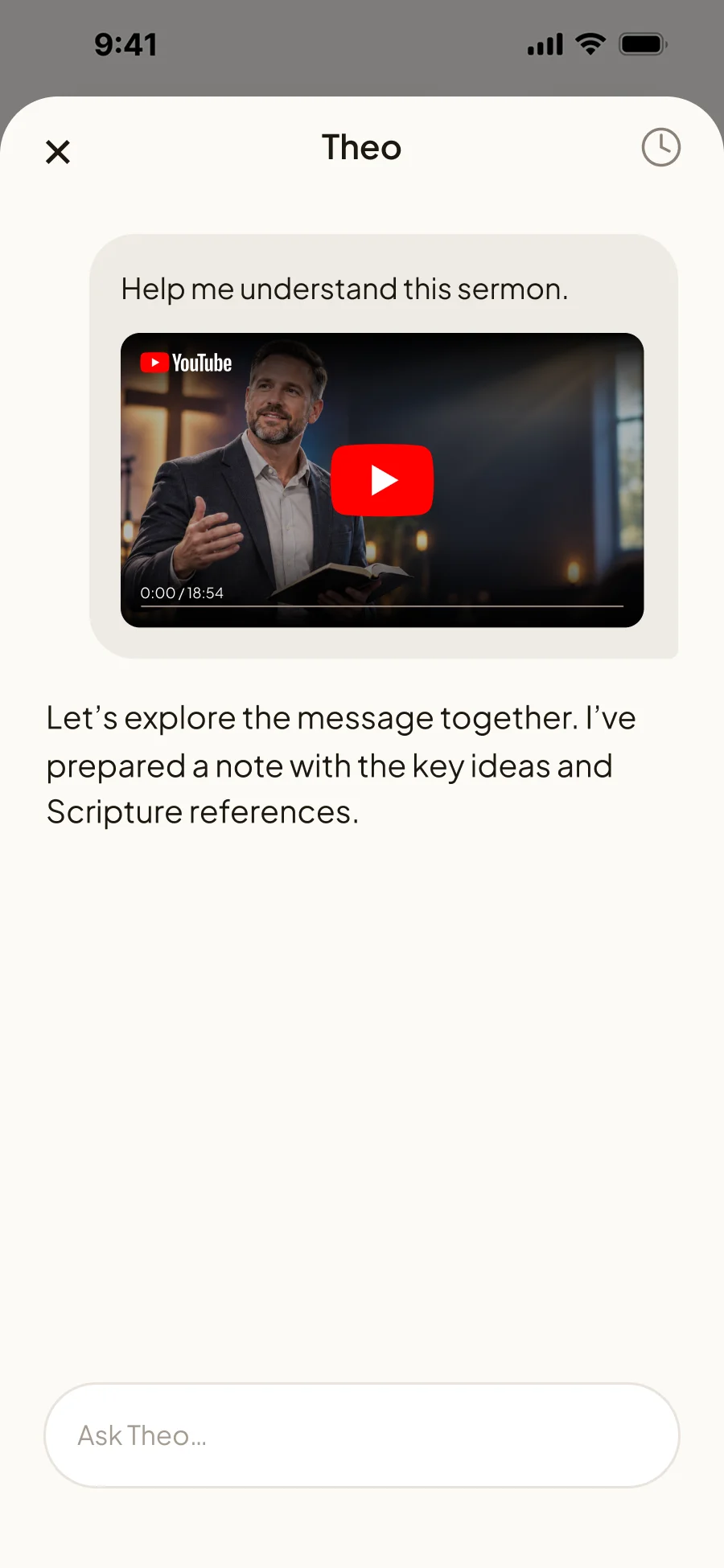 A conversation with Theo containing a shared YouTube sermon video