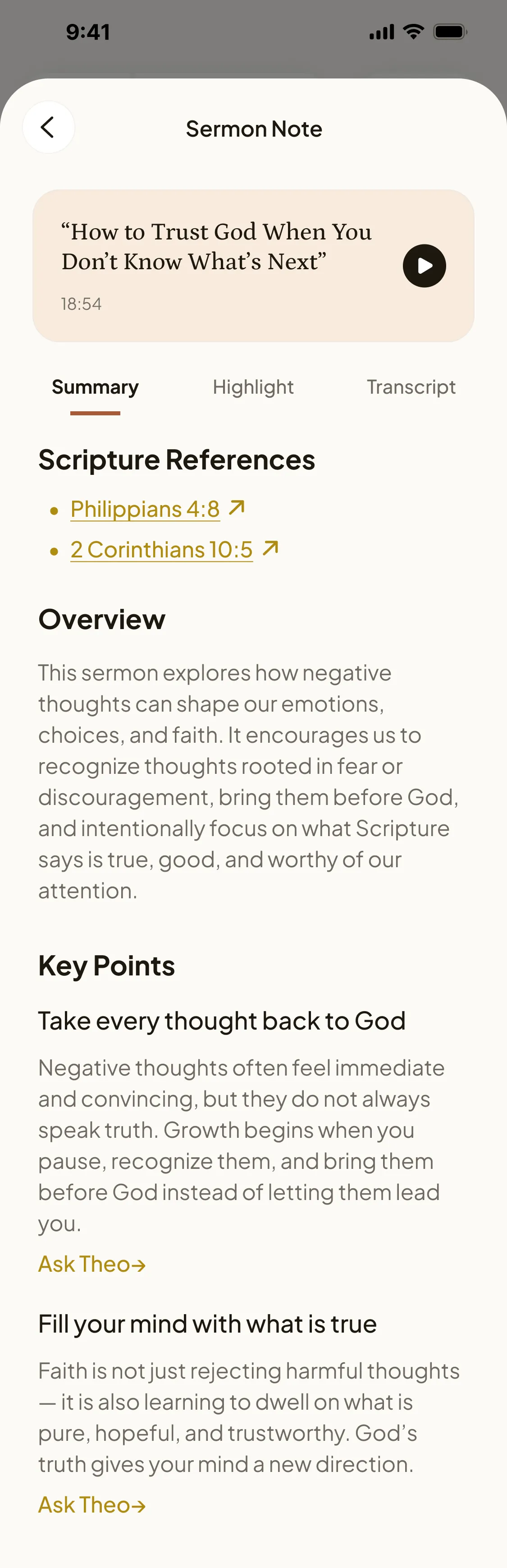 Theovia sermon note with a summary and key takeaways