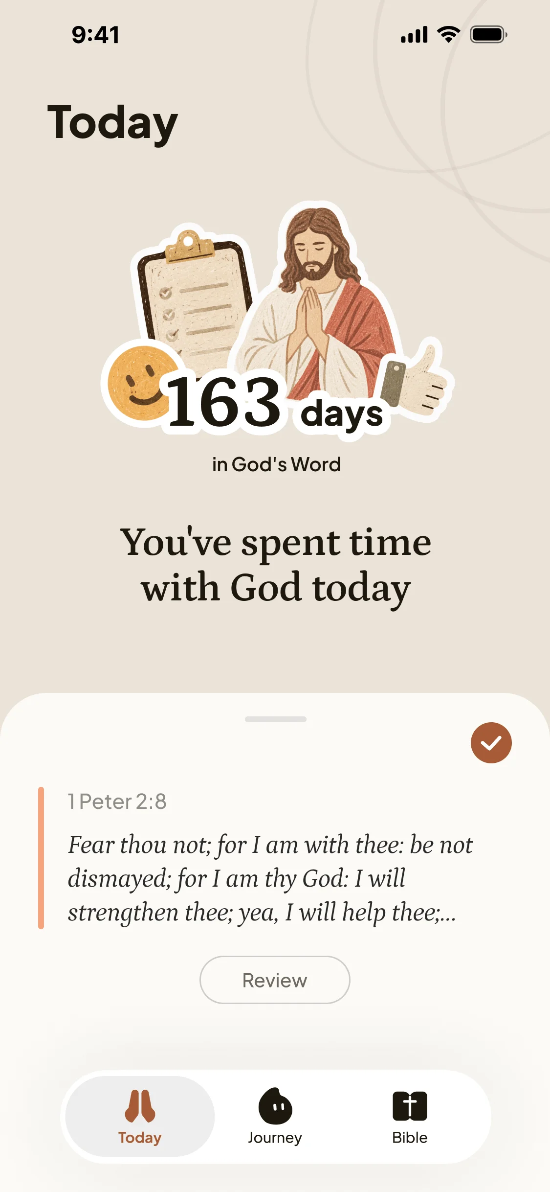 Theovia Today screen with a daily Bible verse and faith activity